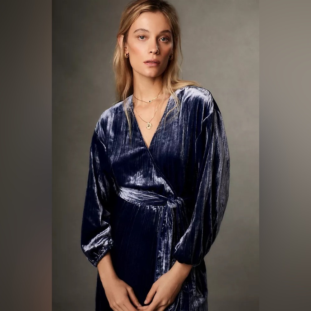 Anthropologie Velvet Wrap Mini Dress - Navy